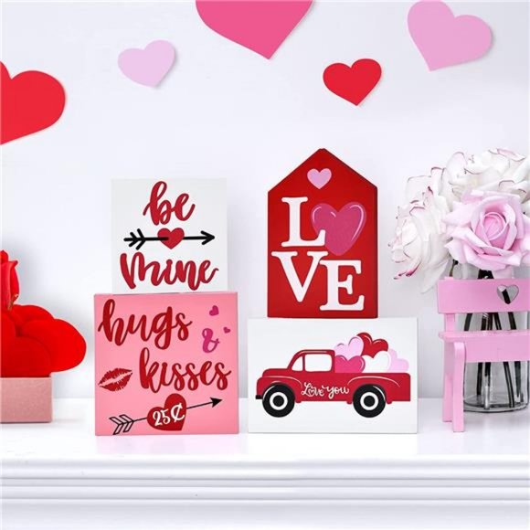 Valentine's Day Tiered Tray Decor Rustic Wooden Decorations Love Sign Set of 4 - Picture 7 of 7